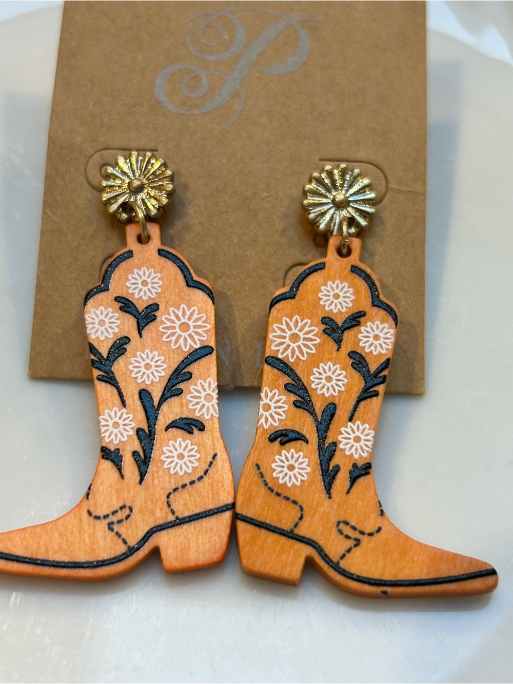 Plunder Orange Floral Cowboy Boot Earrings with Gold Flower Studs